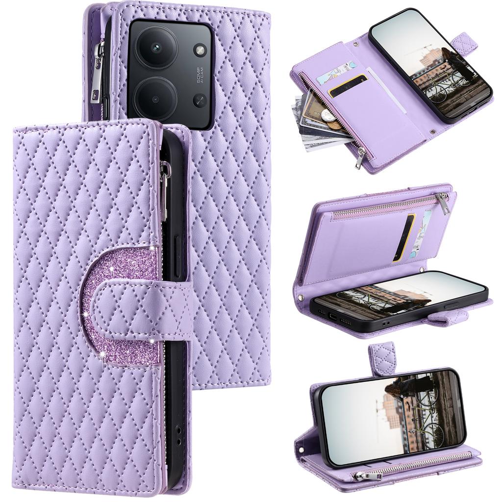 Dla Xiaomi Redmi 15C 5G (UE) (173mm)/15C 4G (UE) (173mm) Etui Kieszeń na zamek błyskawiczny Brokatowa skóra Pokrowiec na telefon ze smyczą na nadgarstek