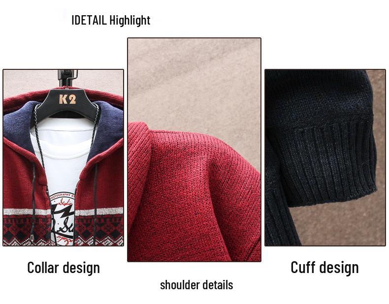 Men's Korean Style Hooded Knitted Sweater Jacket - Color Block, Plus Velvet, Autumn/Winter