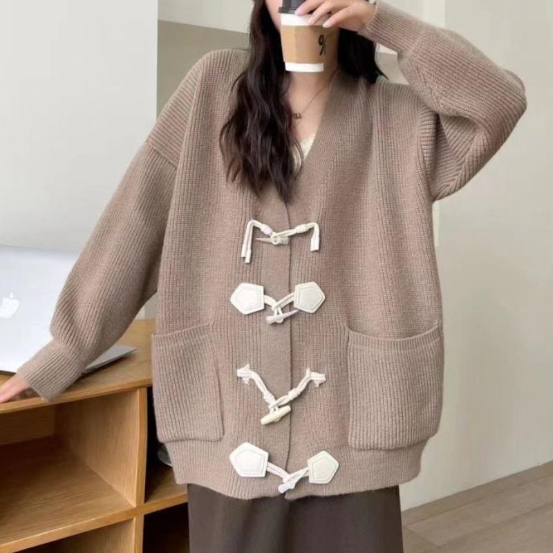 Horn Buckle Loose V-neck Sweater Jacket Autumn and Winter Women's Clothing Wear Lazy Wind Outside Casual Versatile Knitted Cardigan