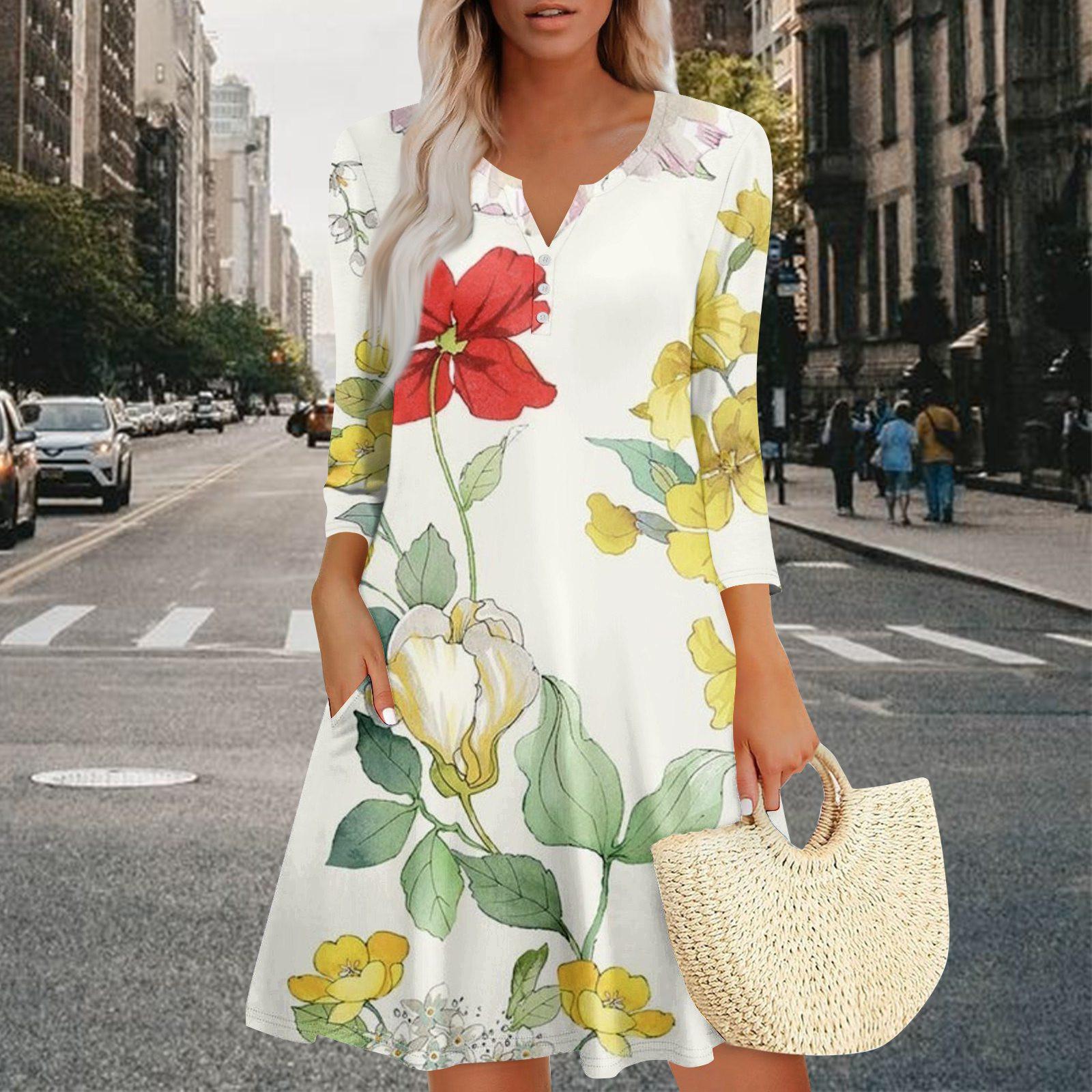 

Женское летнее платье, свободное платье с V-образным вырезом, рукавом три четверти и карманами XL арбуз красный