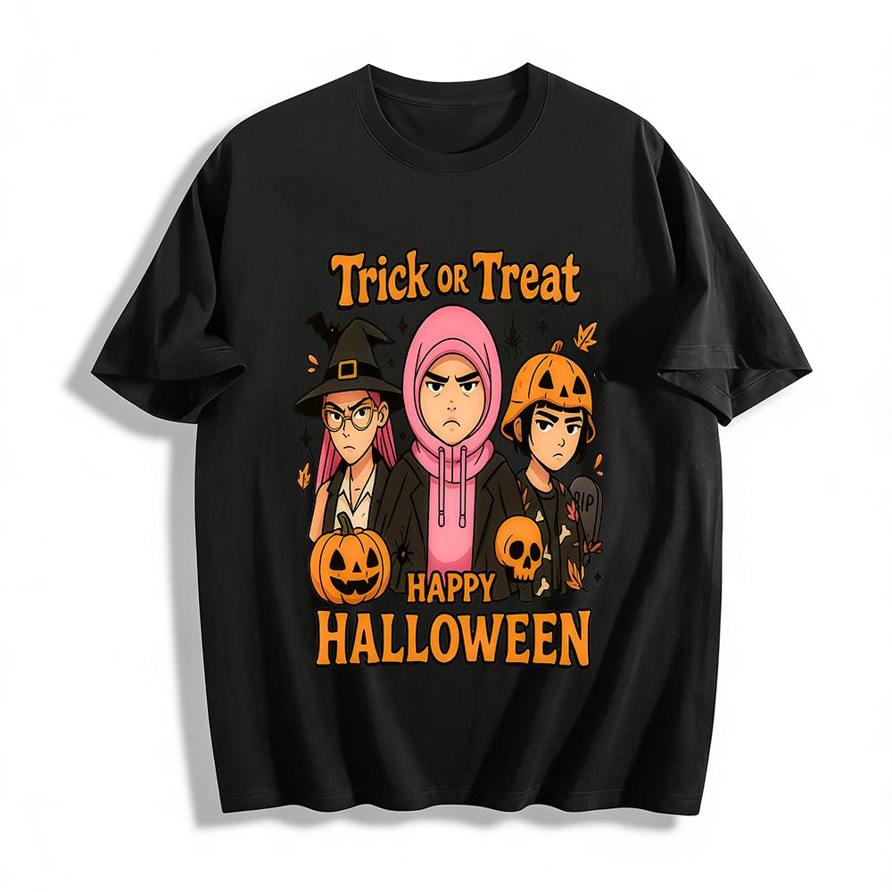 

Trick Or Treat Halloween Print T-shirt Spooky Festival Style Casual Loose Top For Men And Women Pure cotton T-shirt 6XL