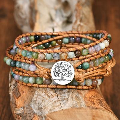 Handgefertigtes Boho Wickelarmband – Leder und Jaspis Kristallsteinperlen für Damen
