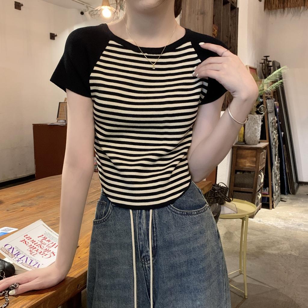 Summer Temperament Shoulder-length Contrasting Stripes Versatile Ice-cool Knitted Sweater Short-sleeved T-shirt Women's Top