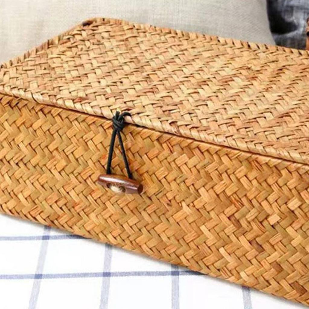 Hand-Woven Straw Storage Box with Lid Natural Rattan Organizer Basket for Home Office Decor Vintage Style Decorative Bin