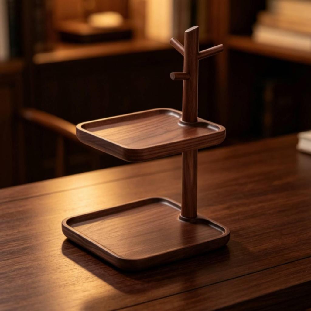 Wood Valet Tray with Key Hooks Walnut Entryway Organizer Holder Two Tier