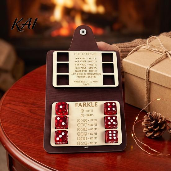 Compact Tabletop Games Farkle Dice Board Game, with Faux Leather Case, 6 Dices, Wooden Game Set Scoreboard, Portable for Travel Family Party Night