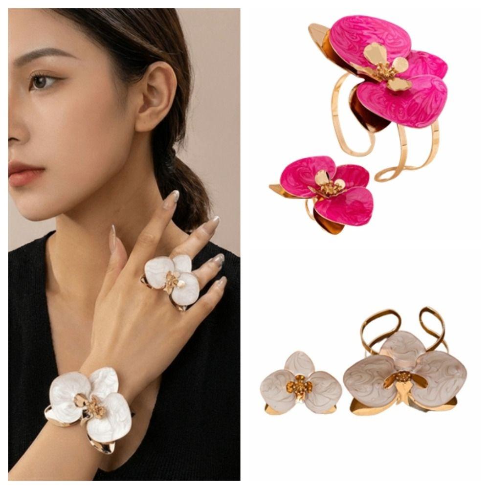 Metal Flower Bracelet Exaggerated Open Floral Arm Cuff Flower Bracelet Ring Set  Holiday Party