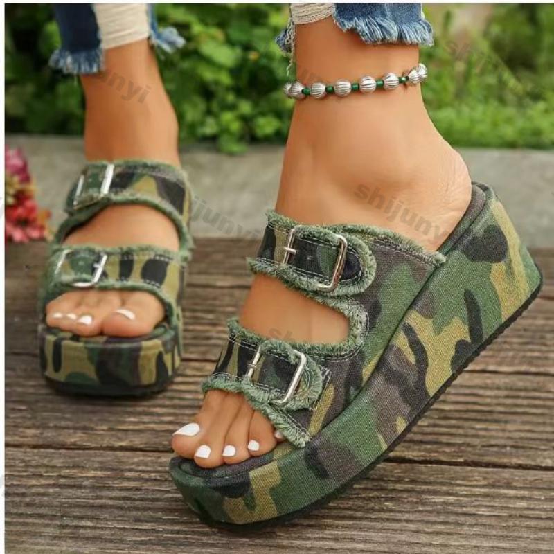 Fashion Women Denim Belt Buckle Wedge Heels Slippers Summer New Non Slip Thick Sole Beach Slippers Woman Fashion Buckle Platform Sandles