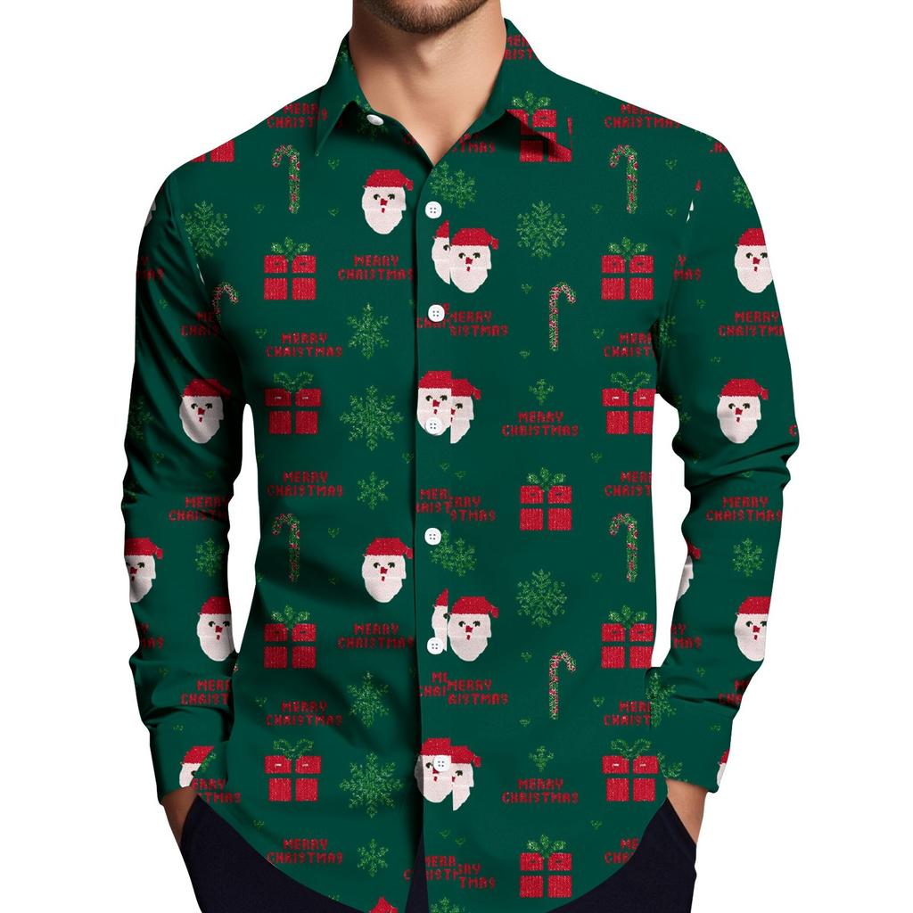 Men's Christmas Shirt Christmas Print Long Sleeve Button Shirt
