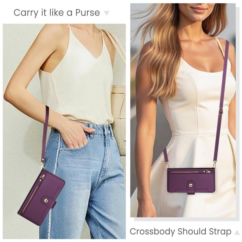 Crossbody Lanyard Leather Zip Wallet Multi Card Phone Case for Samsung Galaxy S25 Edge S24 Ultra S23 Plus S22 S21 FE Flip Cover