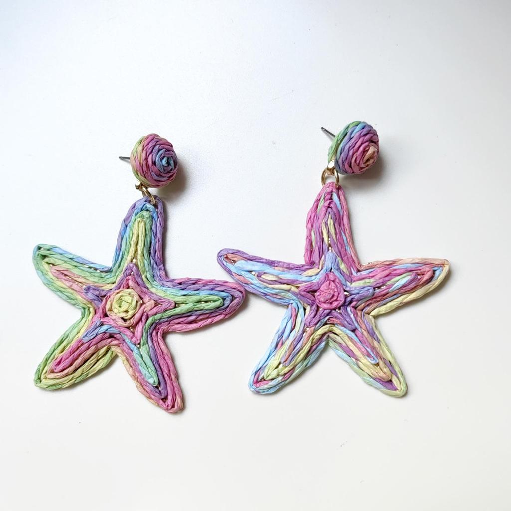 Starfish Raffia Woven Flower Stud Earrings - Seaside Resort Style Spring/Summer Accessories