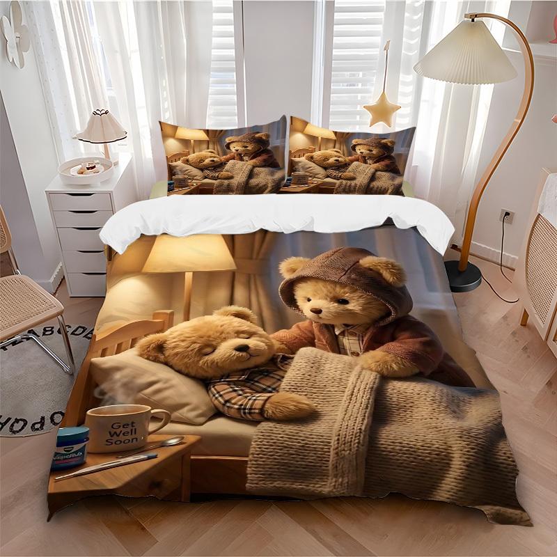 3pcs Anime Teddy Bear Bedding Set - Includes One Quilt Cover and Two Pillowcases (No Core) - Perfect for Bedroom Decor, Festive Gifts, Polye