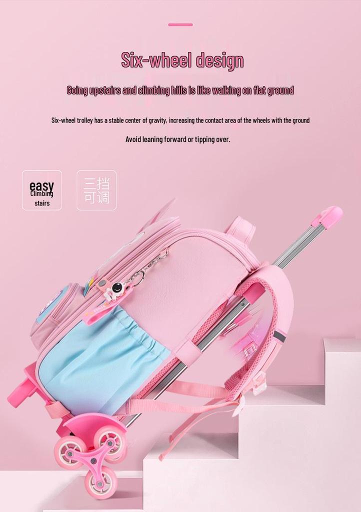 Large Capacity Trolley School Bag for Girls, Grades 3-6 - Stair Climbing & Detachable Design
