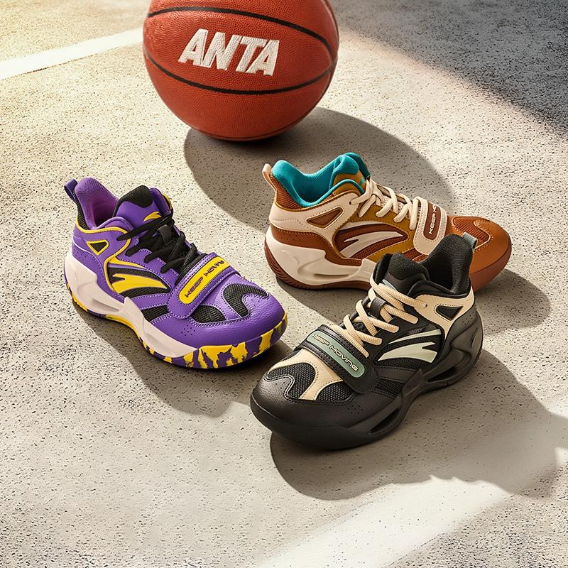 Anta Kids Wind Tunnel Synthetic Leather Mesh Professional Basketball Shoes Kids Sneakers Black Granule-Beige A12441108-4