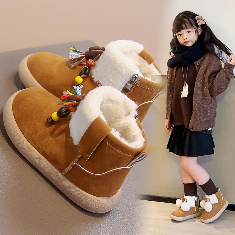 [Winter Retro Ethnic Beaded Snow Boots Maillard Fringe Ankle Boots Trendy Baby Shoes]
