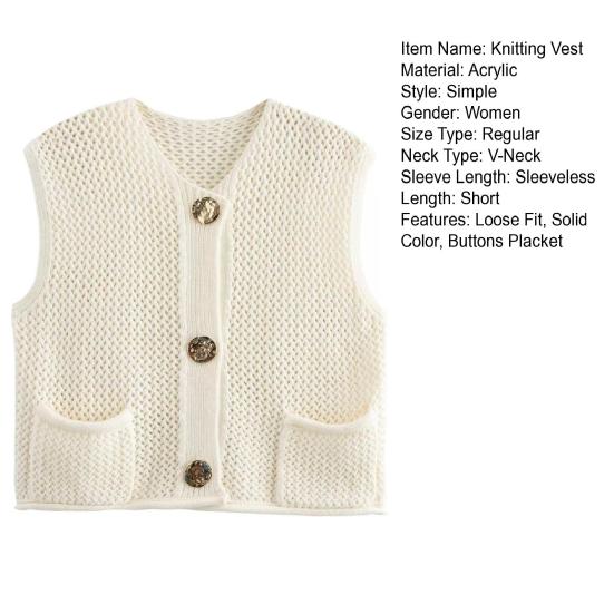 Women Knitting Vest V-Neck Sleeveless Single-Breasted Pocketed Knitting Waistcoat Versatile Solid Color Knitwear