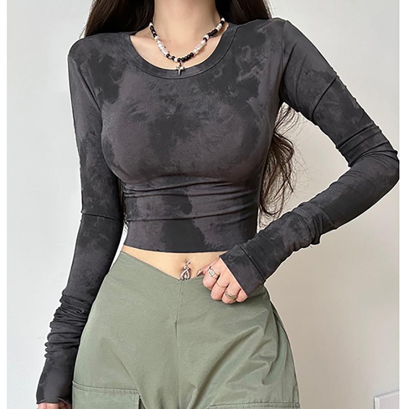 

ITOOLIN женские футболки с принтом тай-дай, тонкие сексуальные укороченные рубашки, футболка с длинными рукавами и круглым вырезом, уличные женские топы, весна-лето 2024 S серый