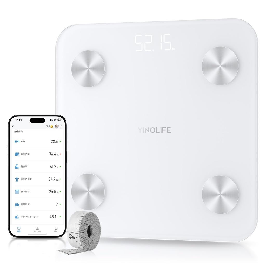 YINOLIFE Body Composition Scale Body Fat Smartphone Display on Bluetooth High 180kg Automatic Data Automatic BIA Small Item Japanese Language Apple
