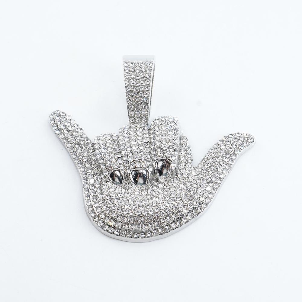 Alloy Full Diamond Lucky Gesture Pendant Personalized Male Hip Hop Cuban Chain Texture Finger Frame Necklace