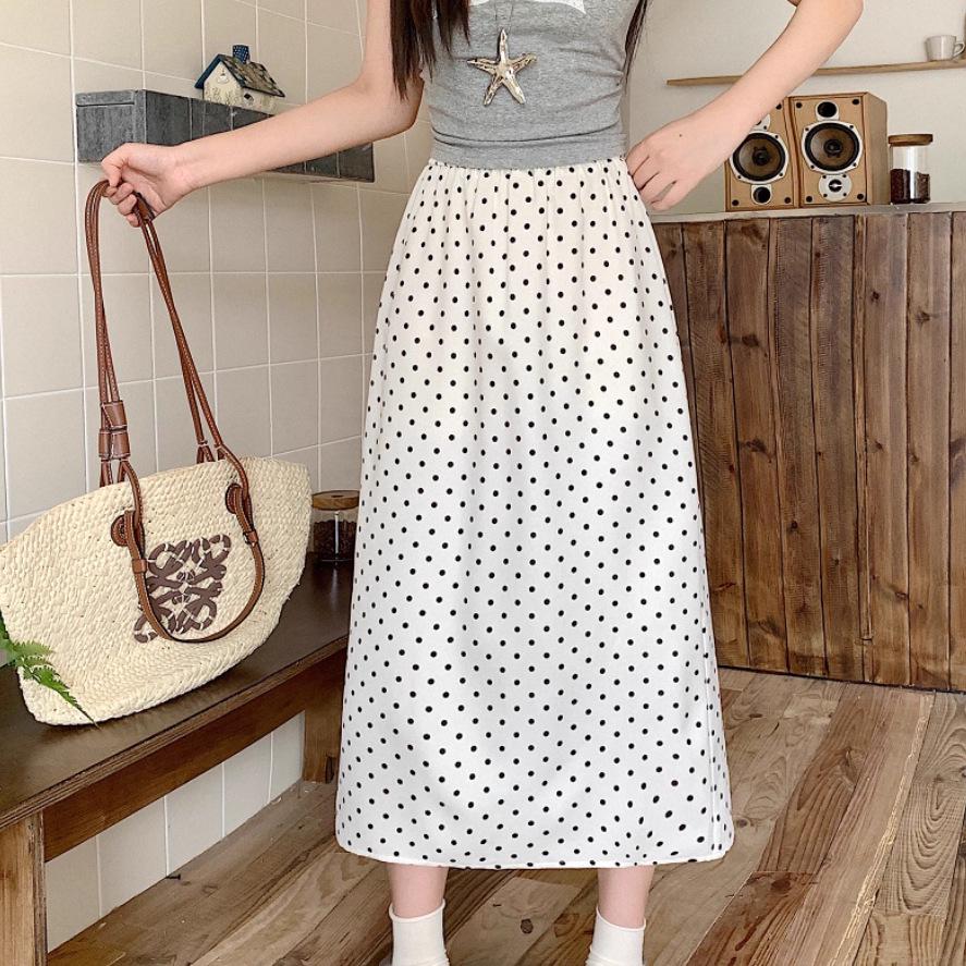 Korean Plus Size Polka Dot High Waist Slit Midi Skirt