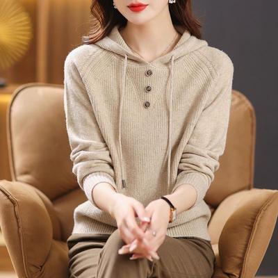 2025 Spring/Autumn Stylish Hooded Knitwear Sweatshirt - Loose, Plus Size Women's Top