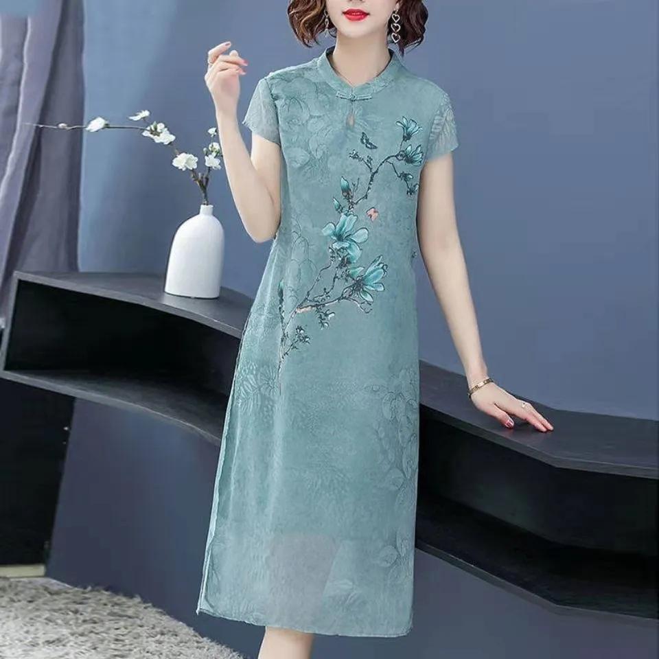 Šaty Nová široká manželka Cheongsam Dámske letné šaty stredného veku Dlhé šaty Qipao