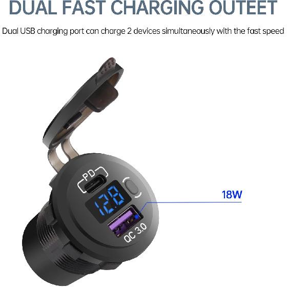 Quick Charge 3.0 Dual USB Car Charger Socket With LED Voltmeter And ON Off Switch Fused Wire Kit 12V/24V PD QC3.0 Fast Charge USB Outlet For Car Boat