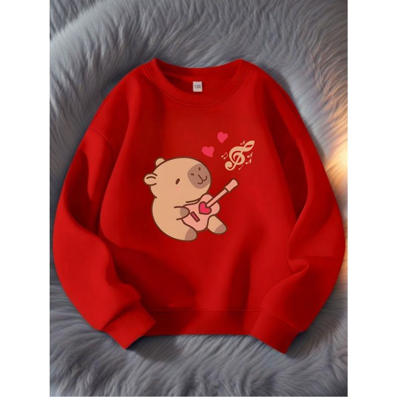 Kids Music Bear Crewneck Sweatshirt, Cartoon Bear Musical Instrument Print Soft Round Neck Long Sleeve Top