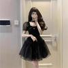 Women's High-End French Style Black Puff Sleeve Dress - Summer Waist-Hugging Short Princess Dress