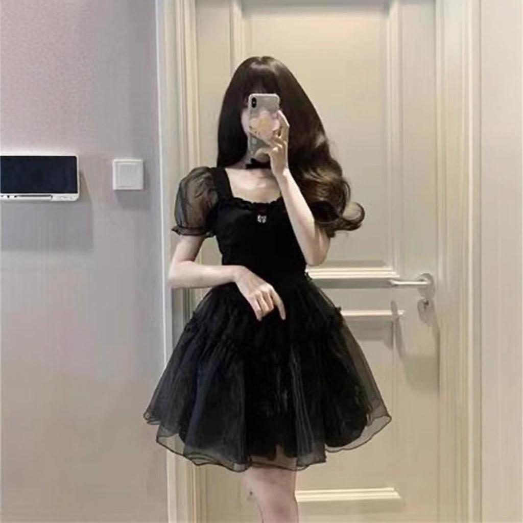 Women's High-End French Style Black Puff Sleeve Dress - Summer Waist-Hugging Short Princess Dress