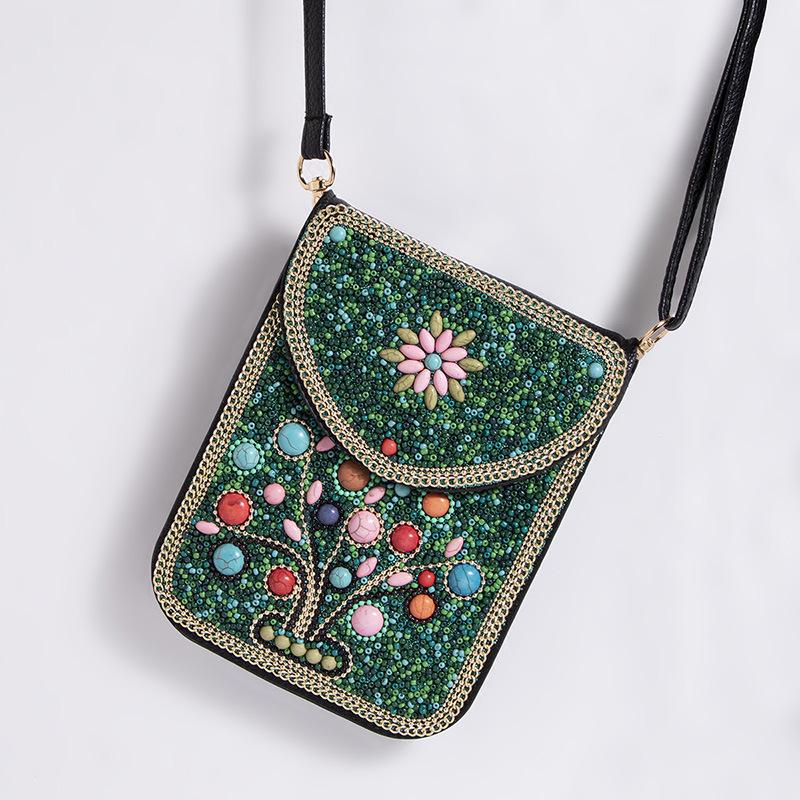 Exquisite Bohemian Style Crossbody Bag with Rice Beads, Shells, and Flowers