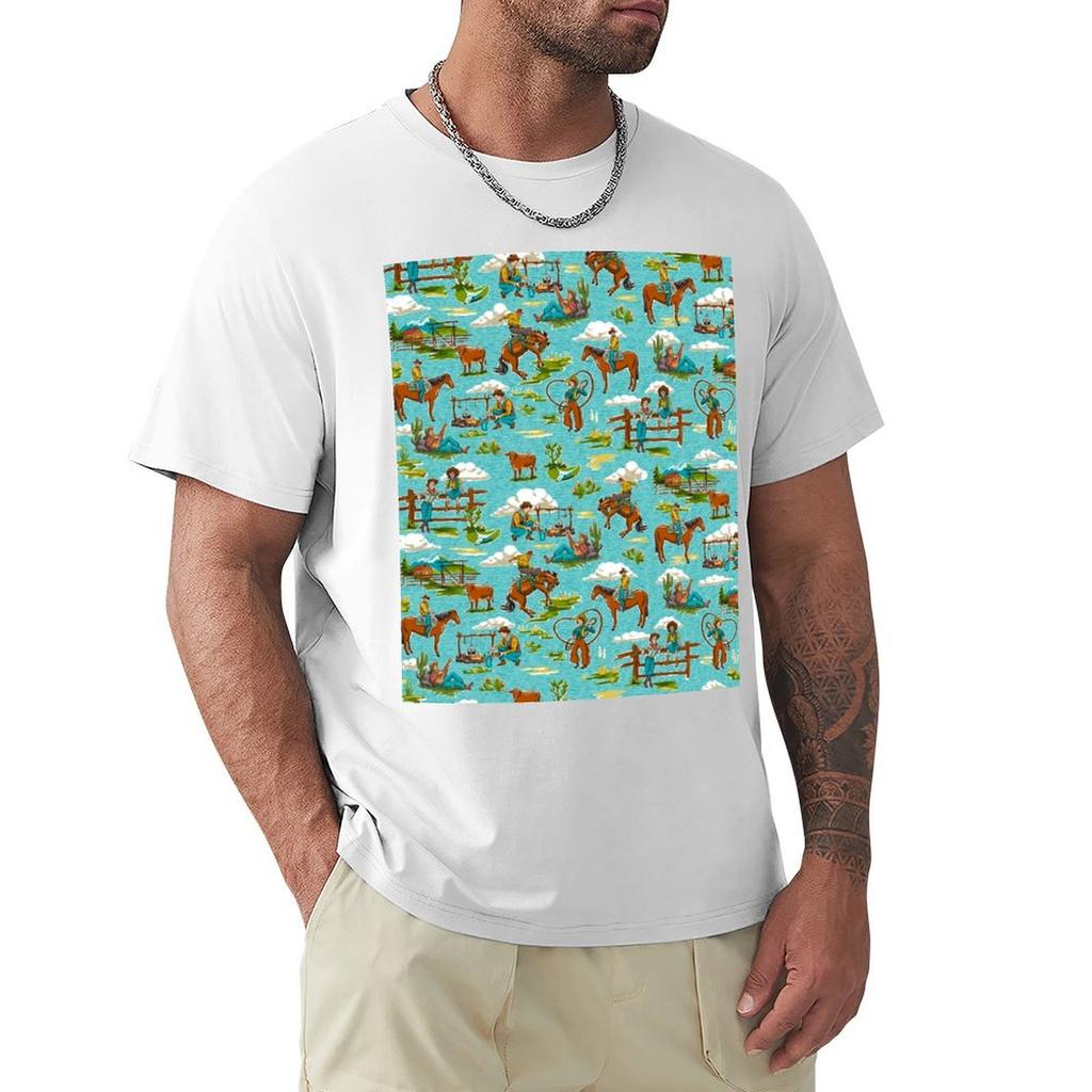 Retro Out West Cowboy and Cowgirl Pattern in Bright Blue TShirt Louboutins summer top oversizeds mens graphic tshirts anime
