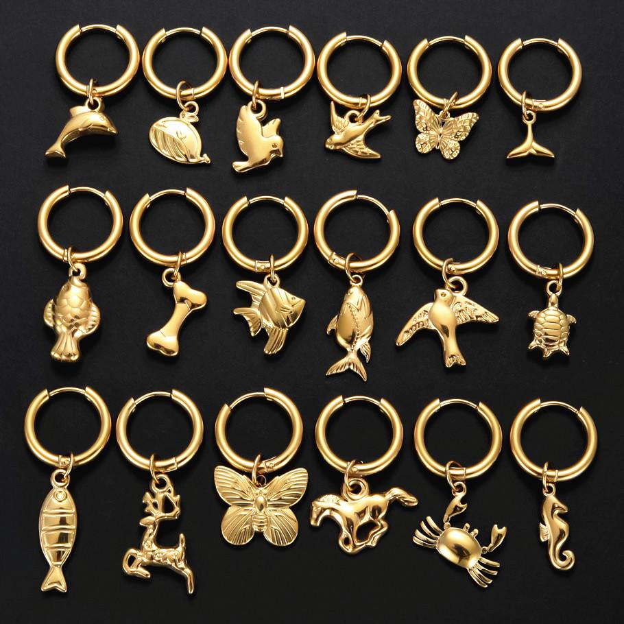 Funny Animal Dangle Earring Real Gold Plated Sea Horse Butterfly Dog Bone Stainless Steel Round Earrings For Women Men Piercing