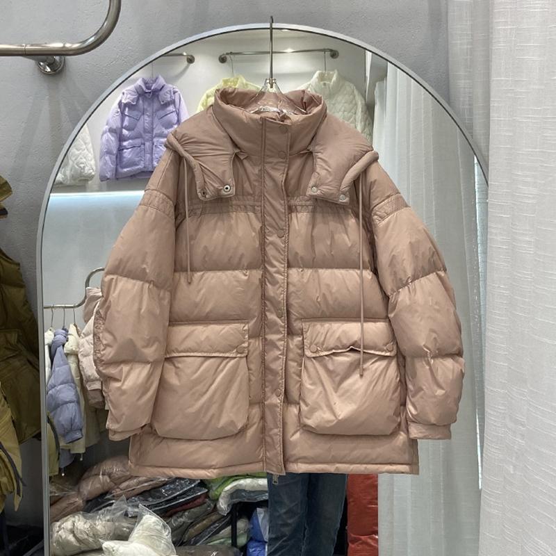 

Женское осенне-зимнее пальто на белом утином пуху, мягкая куртка с коротким капюшоном и воротником-стойкой, съемный карман, свободный теплый однотонный цвет