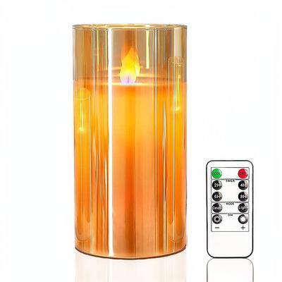 LED Glass Cup Pillar Candle | Real Wax | Amber Glass | Flameless Flickering Wick | Battery Operated | Remote Controlled | Home Decor
