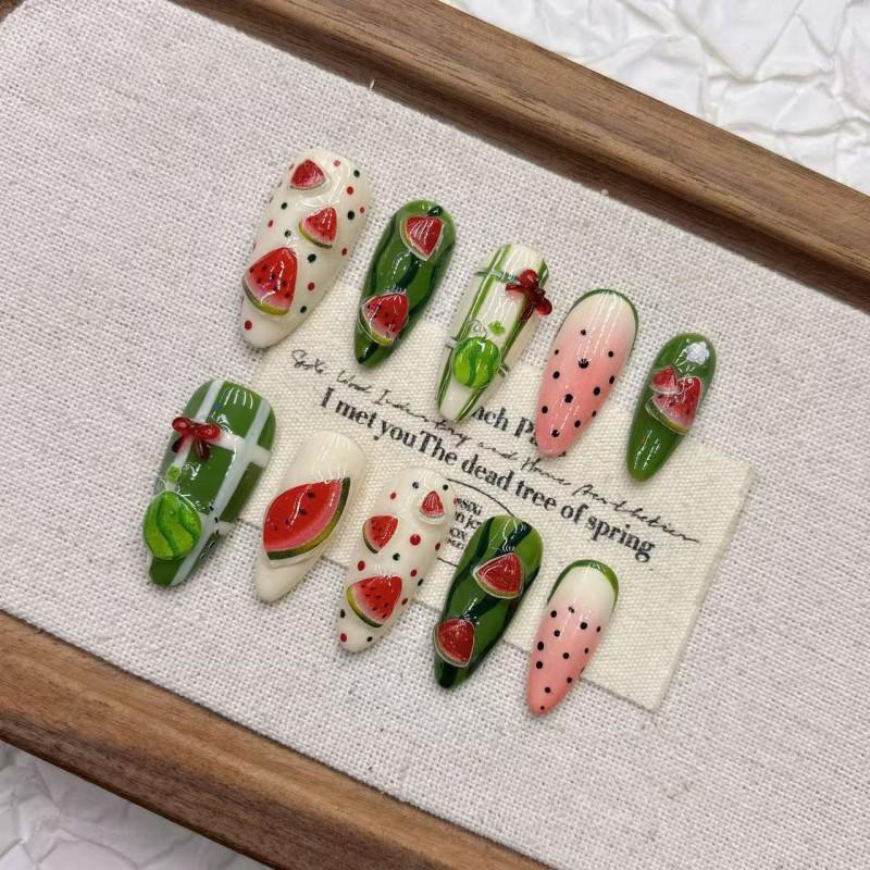 Handmade Press-On Nails Watermelon Cute Style Short Almond Shape Nail Art Women Girls