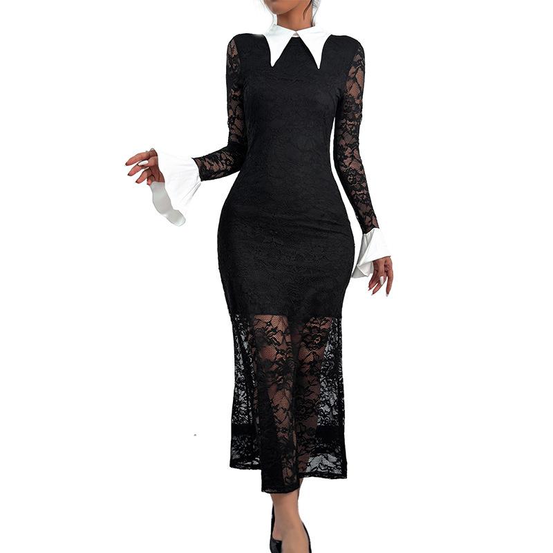 2025 new sexy and elegant lace long-sleeved lapel color-blocking temperament celebrity high-end dress