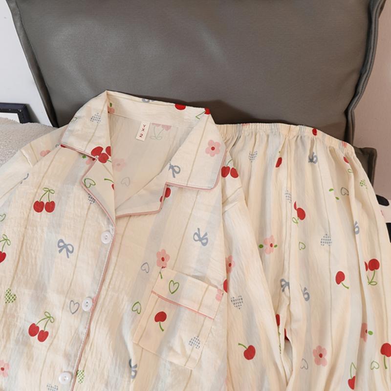 Cute Cherry Flower Bow Tie Print 2 Pieces Women's Pajamas Set Button V-neck Design Women's Sleepwear Cartoon Homewear