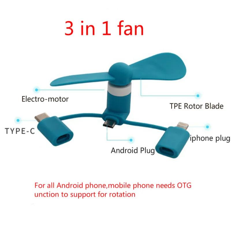 3 IN 1 Travel Cell Phone Mini Fan Cooling Cooler for Android Type-c Micro USB Table Fan Fan Portable Rechargeable Handheld Fans