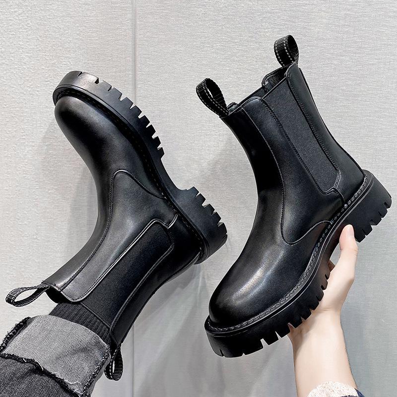 

Men s Black Soft Leather Chelsea Boots - British Style, High Top, Thick Sole, Motorcycle Workwear. 42