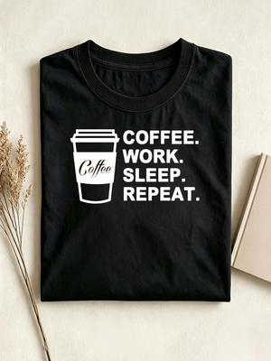 Coffee Repeat Coffee TShirt Novelty Work Sleep Lovers Gift Funny Shirt Men's Retro Casual Round Neck Printed T-shirt Unisex, PLUS SIZE