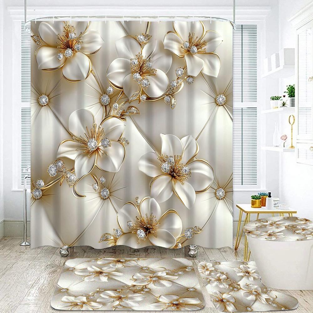Elegant Bouquet Of Fantastic White Flowers 3D Style Shower Curtain Bathroom Curtain With Bath Rug Carpet Set Floral Home Decor