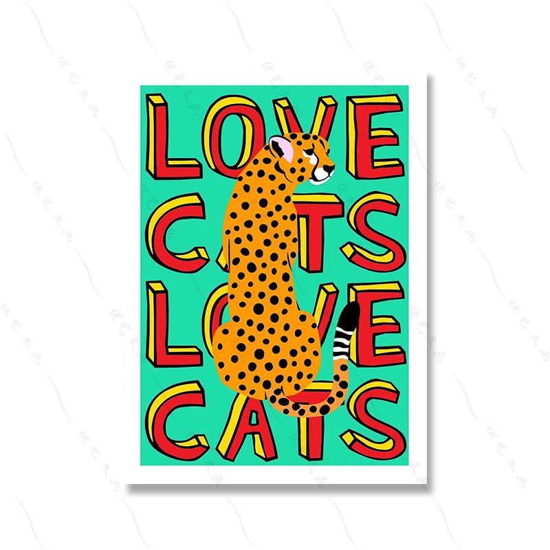 Liebe Katzen Tiger Leopard Porträt Blau Kunstdruck Cartoon Kinderzimmer Wand Poster Zitat Bunte Coole Leinwand Malerei Wohnkultur