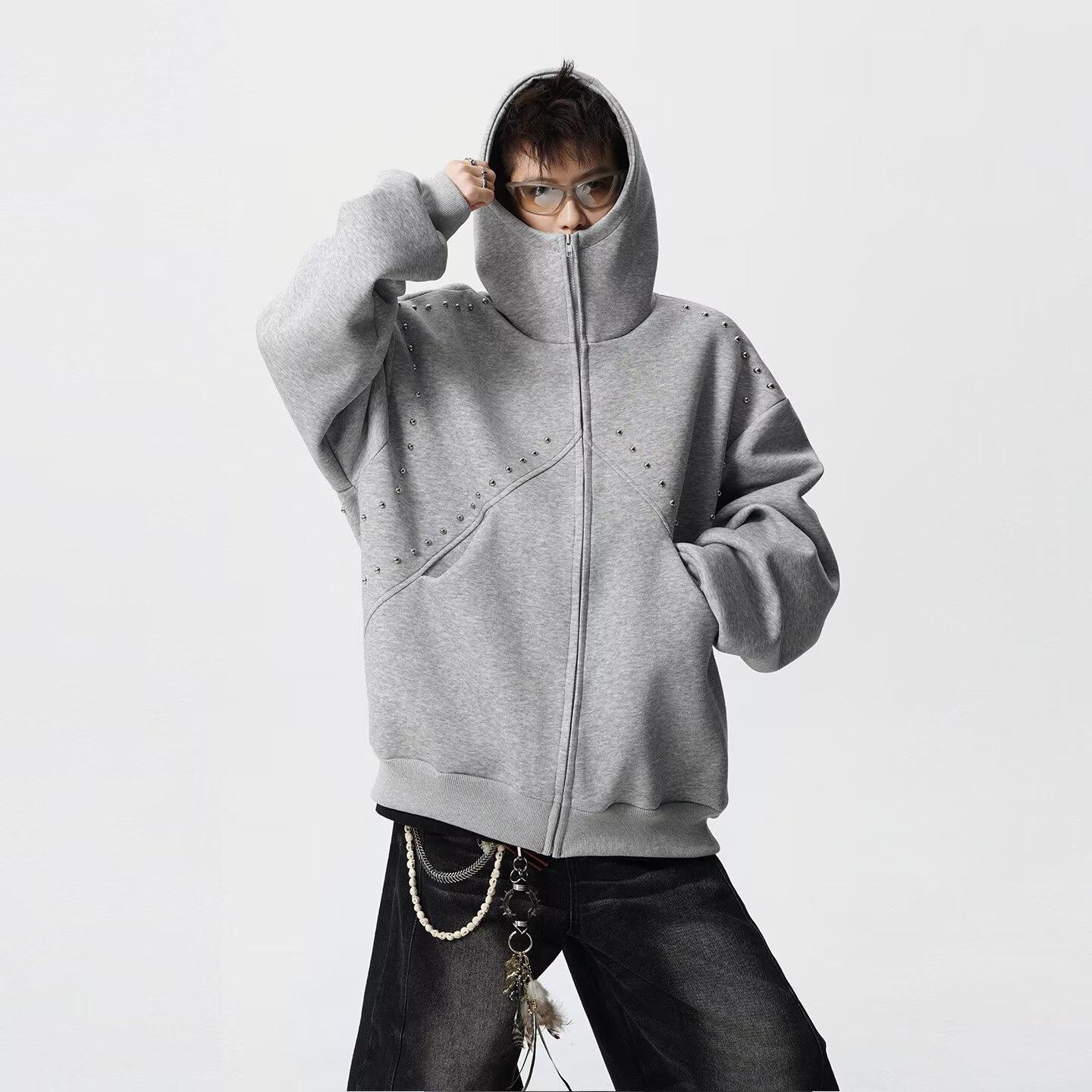 

Men s High Street Rivet Zipper Casual Hoodie Jacket - American Autumn/Winter Hong Kong Style XX-Large