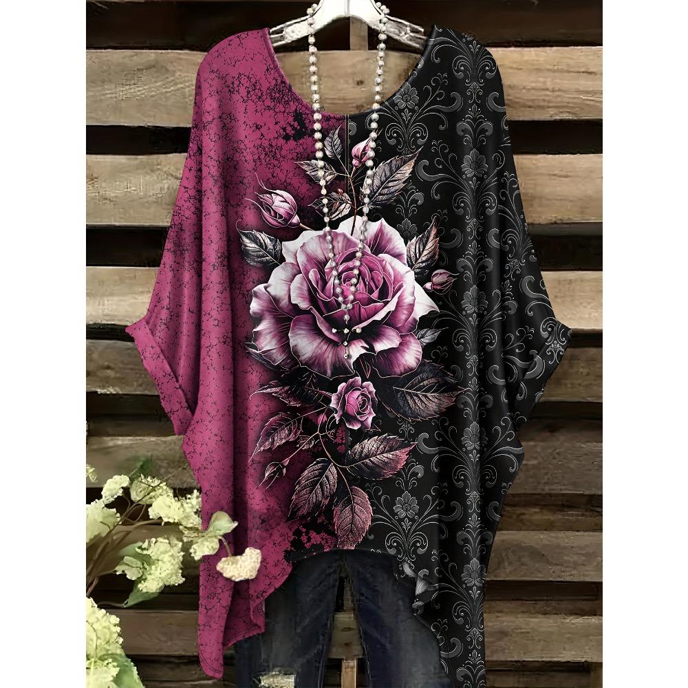 Plus Size Ladies Elegant Bohemian Print T-Shirt - Crew Neck Asymmetrical Hoop