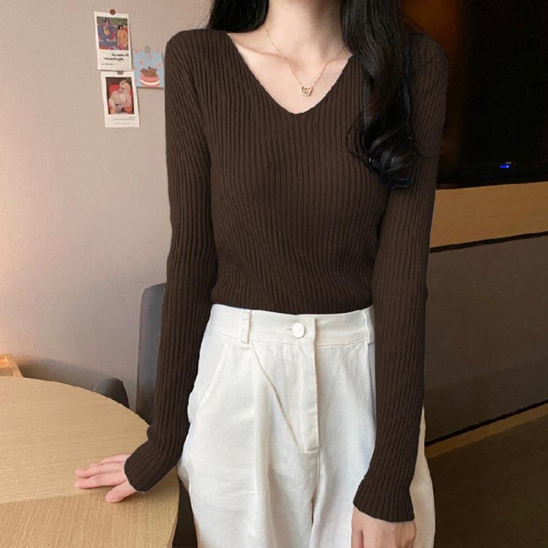 Sweater women's autumn and winter new versatile slim-fitting v-neck bottoming knitted sweater foreign style inner long-sleeved tight top