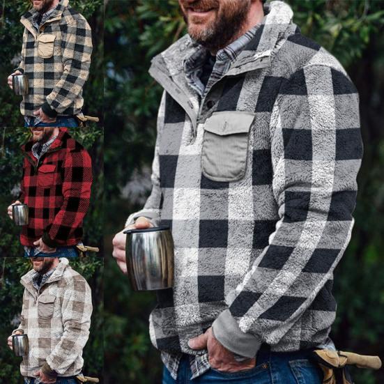 Men Sweatshirt Plaid Thicken Pullover Loose Winter Sweatshirt for Daily Wear