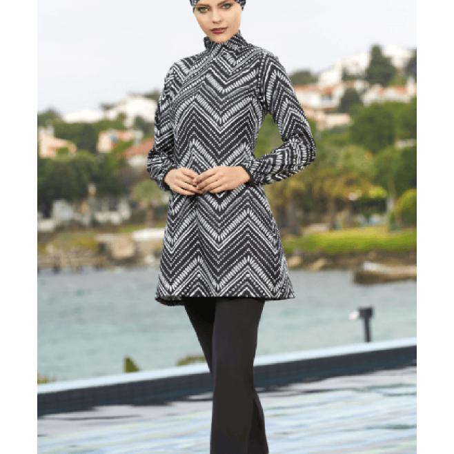 

2-piece Muslim women s elegant gray simple floral stripe print seaside swimsuit full coverage swimsuit set beachwear burkini swimsuit set (without S бежевий