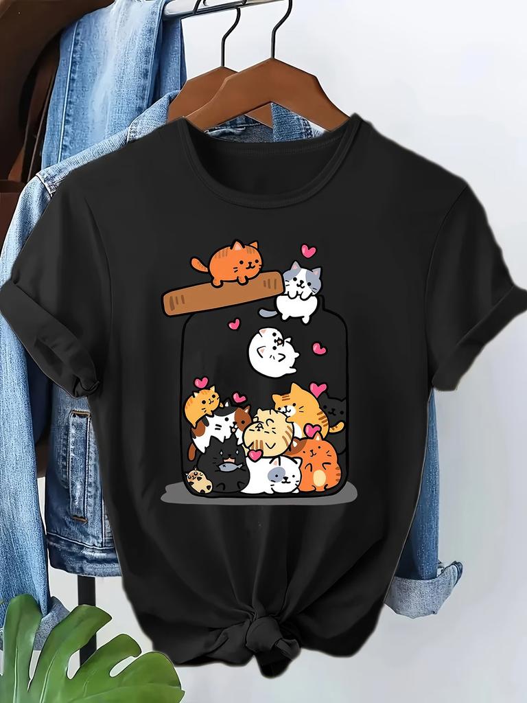 Fashion Funny Cat T Shirt Women Letter Print Short Sleeve Round Neck Women's Casual Summer Breathable T-shirt