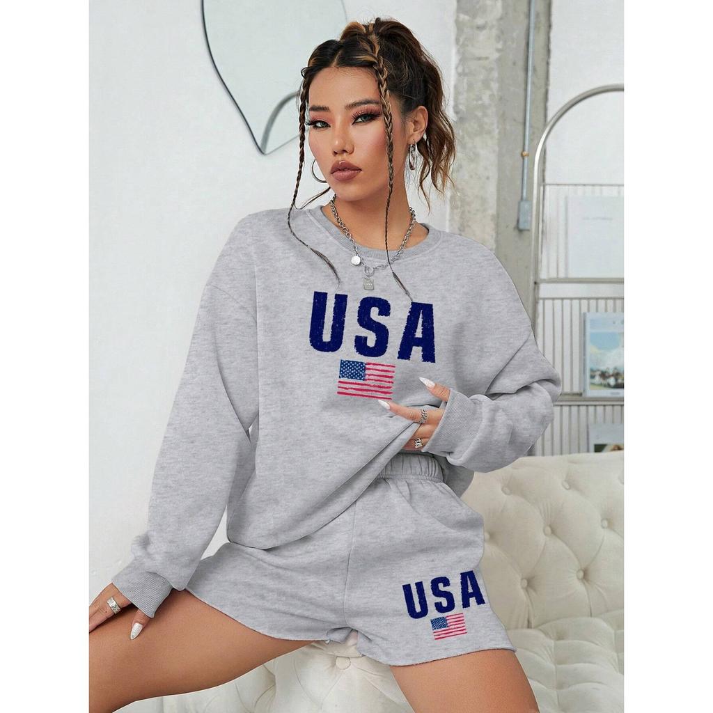Women's Crew Neck Long Sleeve Loose Fit Sweatshirt Shorts 2-Piece Set Letter Print